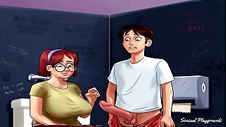 Summertime Saga &vert; Fucking a green monster roleplay nerd bbw   handjob by busty classmate